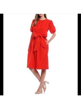 LDT Red Dress Connie Front Tie Short Sleeve Blouson Midi Dress 12